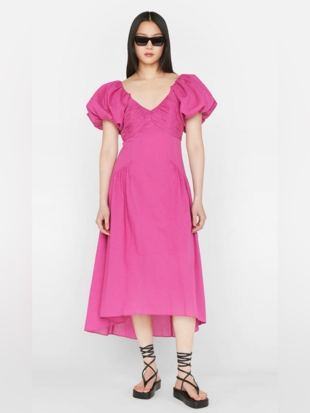 NWT FRAME Fuchsia Puff-Sleeve High-Low Midi Dress